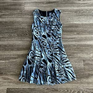 Samuel Dong Abstract Mesh Overlay Fit Flare Art Dress Blue Black XS